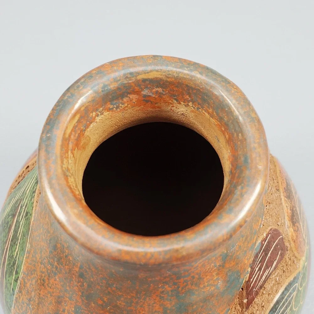 Costa Rica Art Pottery Vase Engraved Hand Crafted Double Sided Fish & Bird 4.5